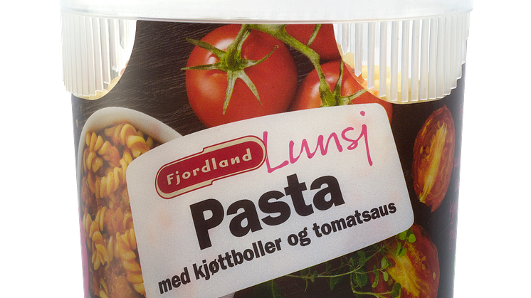 Fjordland Lunsj. Pasta med kjøttboller og tomatsaus.