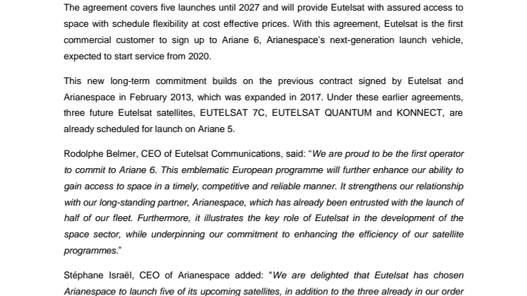 Eutelsat signs long-term multiple-launch service agreement with Arianespace 