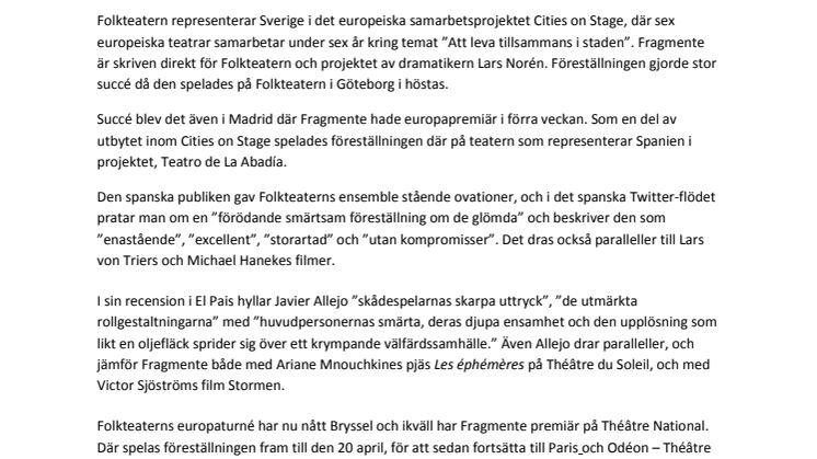 Succé för Lars Noréns Fragmente i Madrid