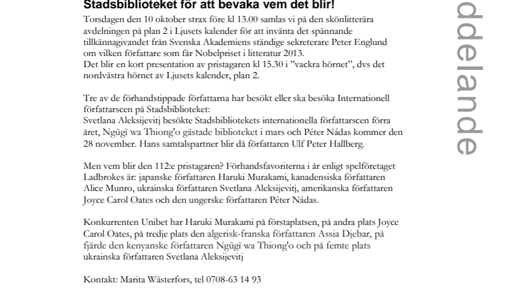 Stadsbiblioteket i Malmö: Kom och bevaka vem som får Nobelpriset i litteratur!