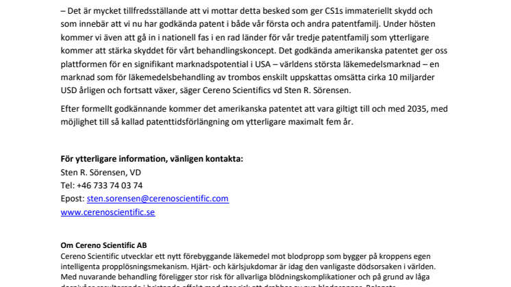 Cereno Scientific erhåller godkännande av patent i USA för användning av läkemedelskandidaten CS1