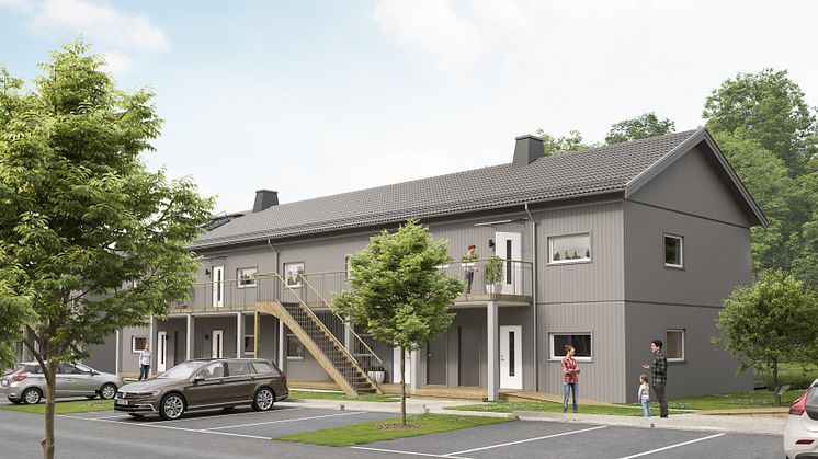 Illustration över entrésida med loftgång, BoKlok Bäcken. 