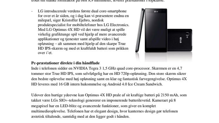 Hurtigere, skarpere og mere kraftfuld – LG Optimus 4X HD er klar til levering