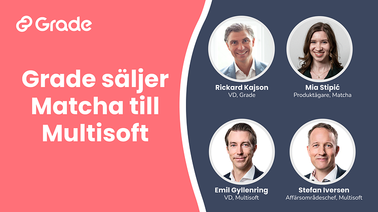 Övre raden från vänster: Rickard Kajson - VD för Grade, Mia Stipić - Produktägare Matcha, Emil Gyllenring - VD för Multisoft, Stefan Iversen - Affärsområdeschef Multisoft