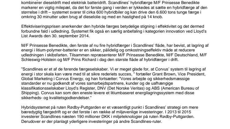 Scandlines og Corvus Energy vinder Ship Efficiency Award