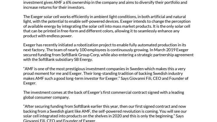 AMF invests SEK 277 million in Exeger that recently signed its first commercial contract with major global brand