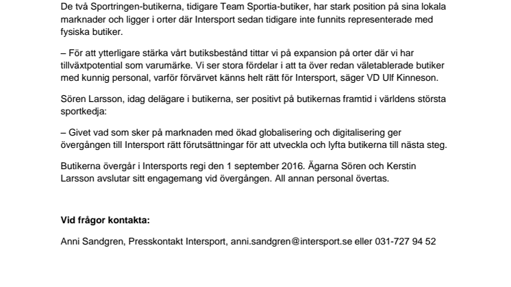 Intersport förvärvar Sportringen-butiker 