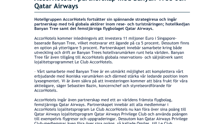 AccorHotels i partnerskap med Banyan Tree och Qatar Airways