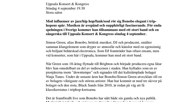 Bonobo LIVE söndag 4 september 19.30