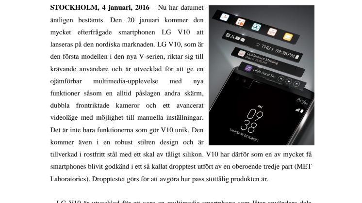 DEN 20 JANUARI KOMMER LG:S SMARTPHONE V10  TILL SVERIGE