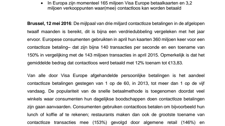 Drie miljard contactloze betalingen in de afgelopen 12 maanden in Europa – contactloos betalen steeds populairder