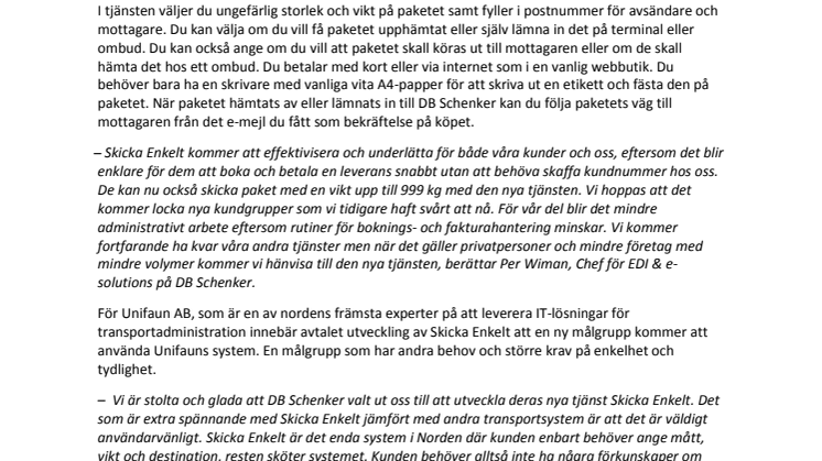 DB Schenker lanserar tillsammans med Unifaun AB tjänsten Skicka Enkelt