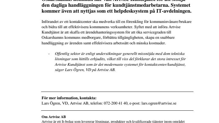 Oskarshamns kommun väljer Artvise Kundtjänst! 