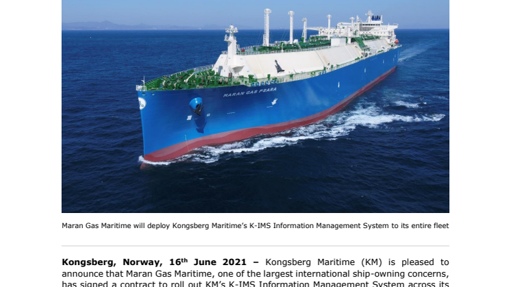 Maran Gas adopts KONGSBERG’s K-IMS platform as basis for digitalisation strategy across its entire fleet