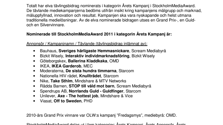 StockholmMediaAward 2011: Nomineringarna klara till Årets Kampanj