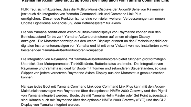 Raymarine Axiom unterstützt ab sofort die Integration von Yamaha Command Link