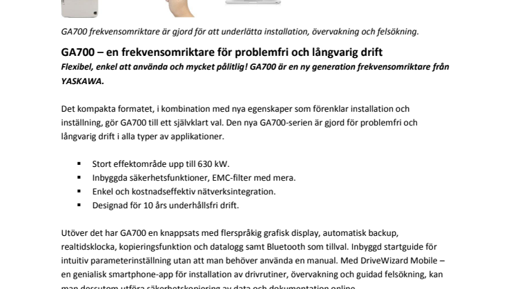 GA700 – en frekvensomriktare för problemfri och långvarig drift