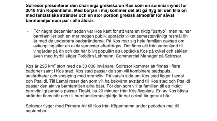 Solresor utökar i Grekland med charter till Kos