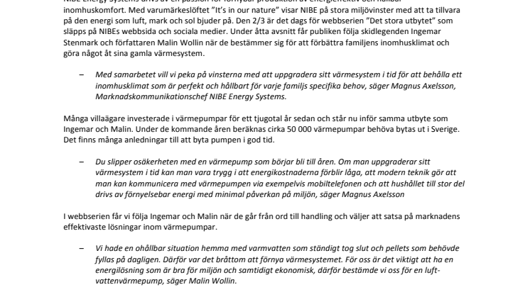 ​NIBE samarbetar med Ingemar Stenmark och Malin Wollin i webbserien ”Det stora utbytet”, för en hållbar framtid