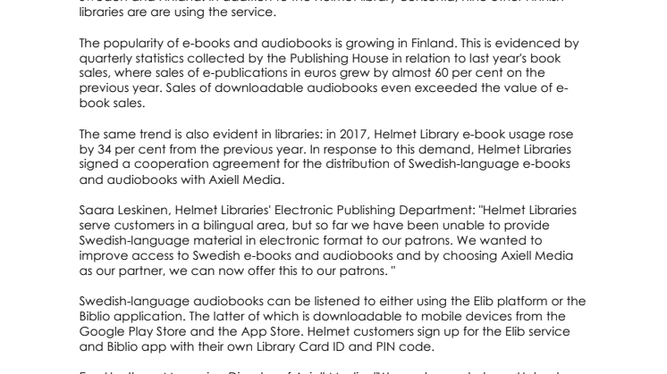 Axiell Media Delivers Swedish eBooks and Audio Books to the Helmet Library Consortium in Helsinki