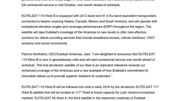 EUTELSAT 115 West B arrives in geostationary orbit 