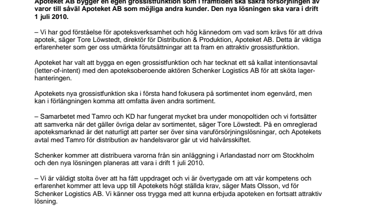 Apoteket AB etablerar grossistfunktion 