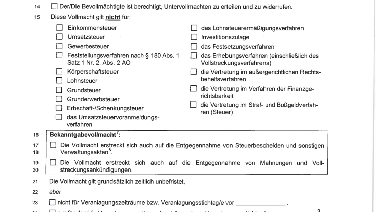 Vollmacht zur Vertretung in Steuersachen
