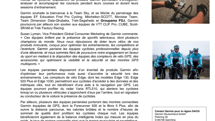 En 2019, Garmin équipera 10 équipes cyclistes professionnelles