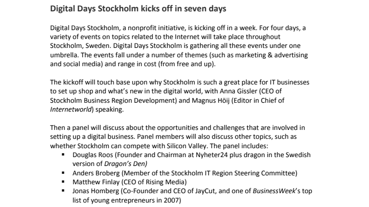 Digital Days Stockholm kicks off in seven days