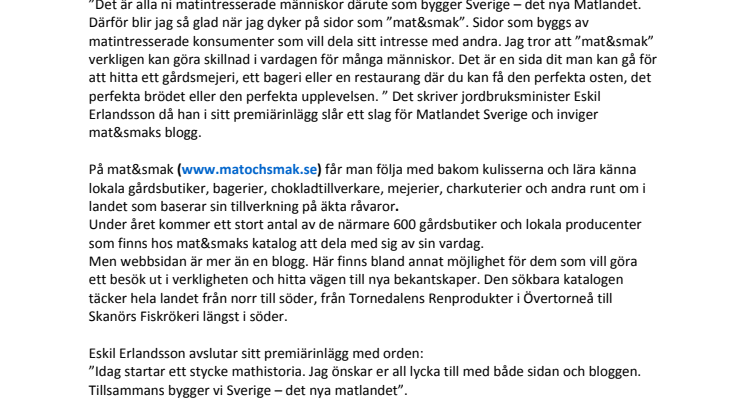 Jordbruksministern inviger blogg för lokala matproducenter