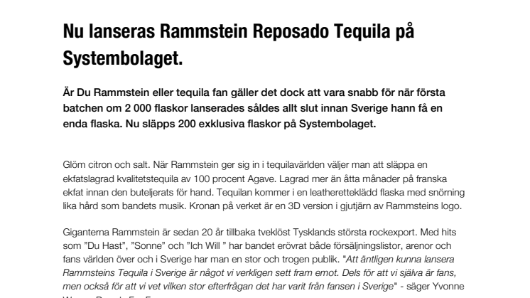 Idag släpps 200 exklusiva Rammstein Reposado Tequila flaskor på Systembolaget