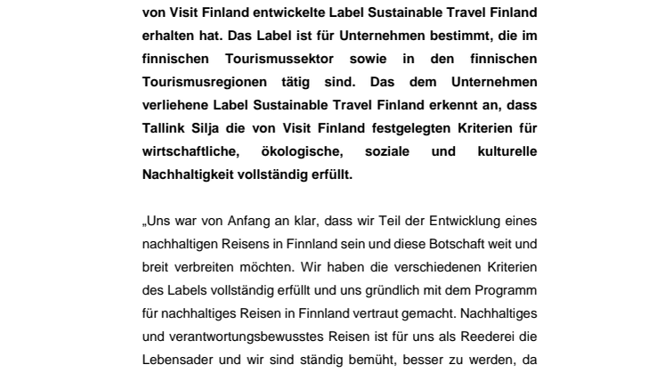 Tallink ist die erste Reederei, die das Label Sustainable Travel Finland erhält