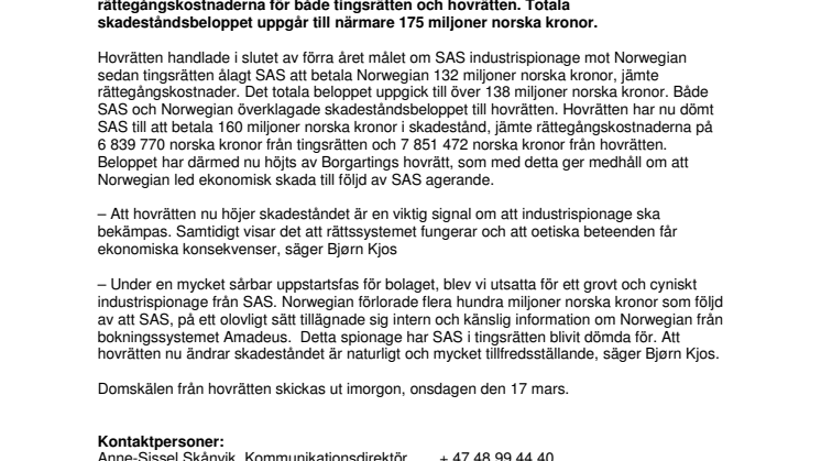 SAS ska betala Norwegian närmare 175 miljoner norska kronor för industrispionage