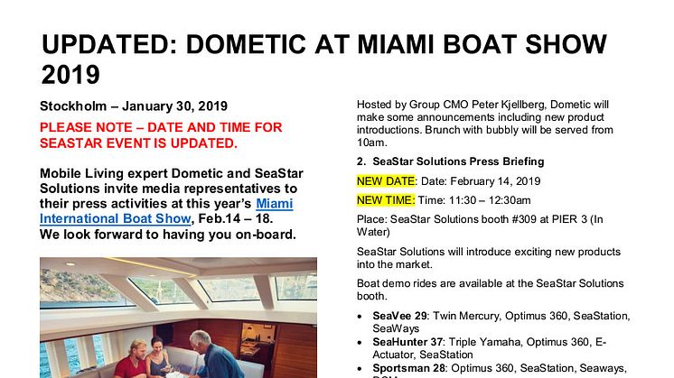Dometic: Invitation to Dometic Press Brunch (Booth C289) and SeaStar Solutions Press Briefing (Booth 309) at Miami International Boat Show