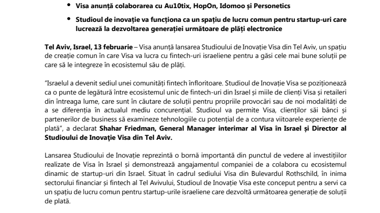 Visa lansează un studio de inovație la Tel Aviv 