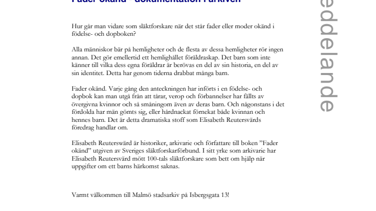 Föredrag på Malmö stadsarkiv "Fader okänd - dokumentation i arkiven"
