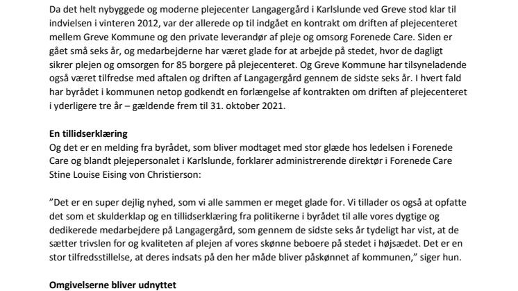 Greve Kommune forlænger kontrakt: Forenede Care skal også drive Langagergård Plejecenter de næste tre år 