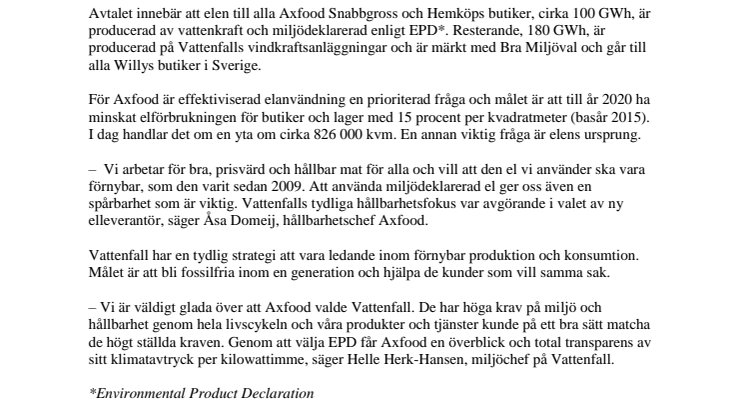 Vattenfall och Axfood i grönt samarbete