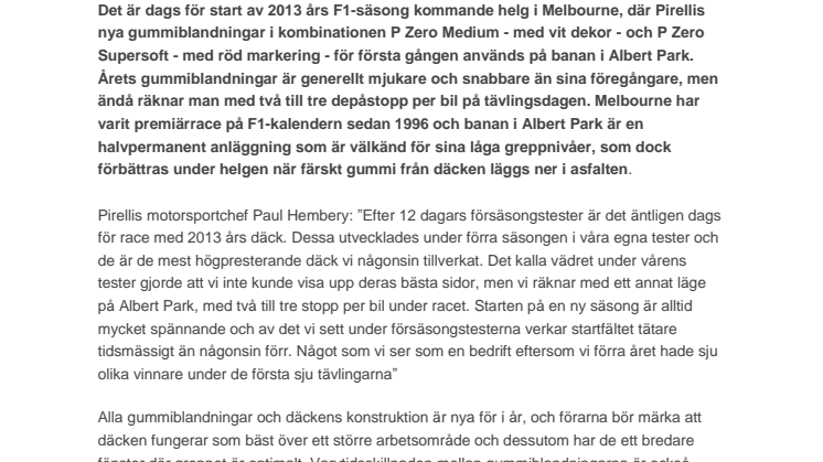 Premiär för Pirellis nya F1-däck i Australien