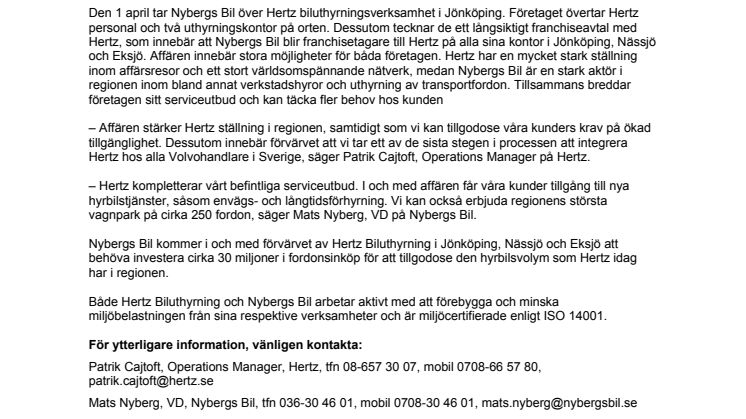 Nybergs Bil förvärvar Hertz biluthyrningsverksamhet i Jönköping, Nässjö och Eksjö