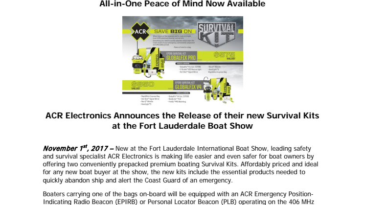 ACR Electronics Announces the Release of their new Survival Kits at the Fort Lauderdale Boat Show