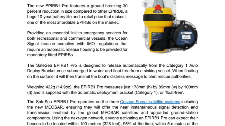 Ocean Signal Introduces SafeSea EPIRB1 Pro