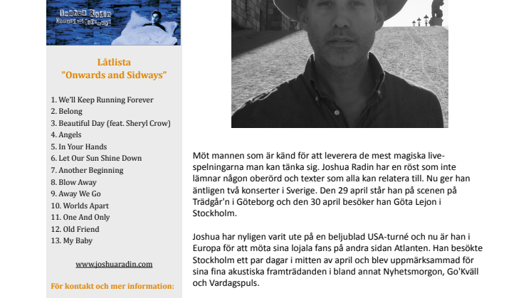 Joshua Radin spelar i Göteborg och Stockholm 29 och 30 april!