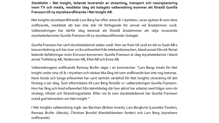 Gunilla Fransson nomineras till ny styrelseordförande i Net Insight