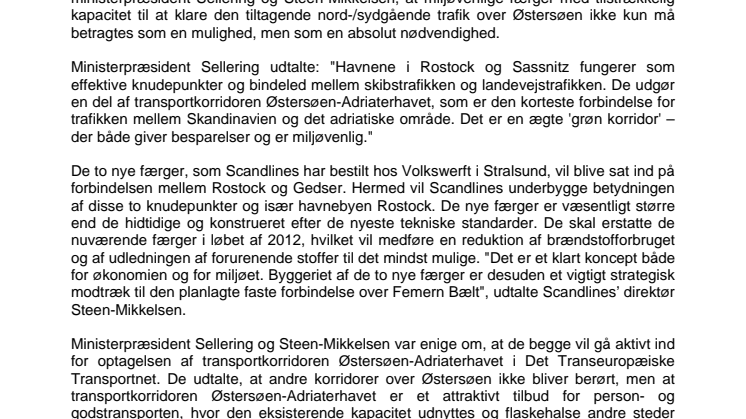 Ministerpræsident Sellering: Gode færgeforbindelser kan ikke undværes