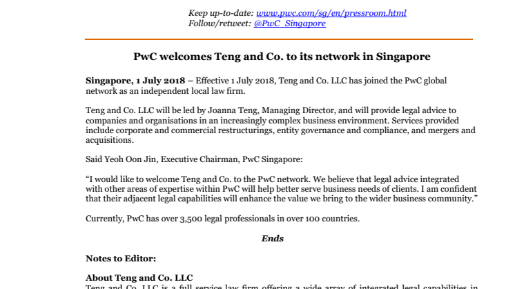 PwC welcomes Teng and Co. to its network in Singapore