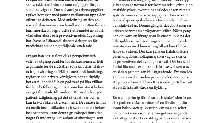 Läkaresällskapet säger nej till samvetsklausul i vården
