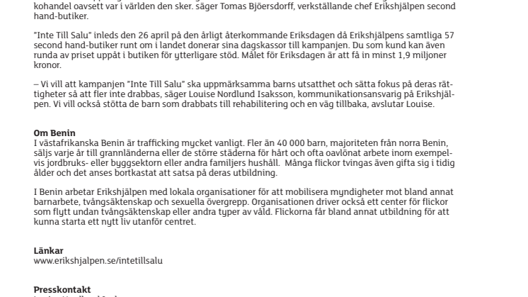 Erikshjälpen lanserar kampanjen ”Inte Till Salu” 