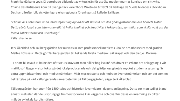 Jerk Åkerblad på Tällbergsgården invald i det gastronomiska sällskapet Chaîne des Rôtisseurs