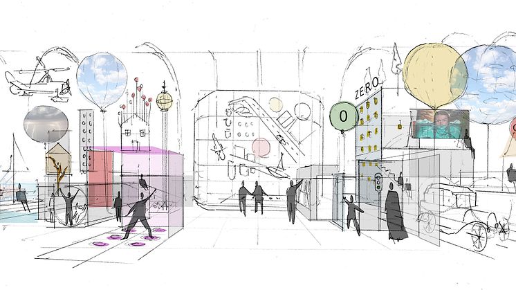Skiss över utställningen Zero City. Illustration Olga Sigthorsdottir